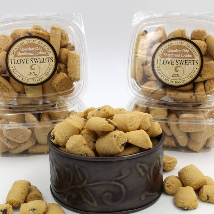 Chocolate Chip Mini Shortbread Cookies, 6 oz container for wholesale by ilovesweets