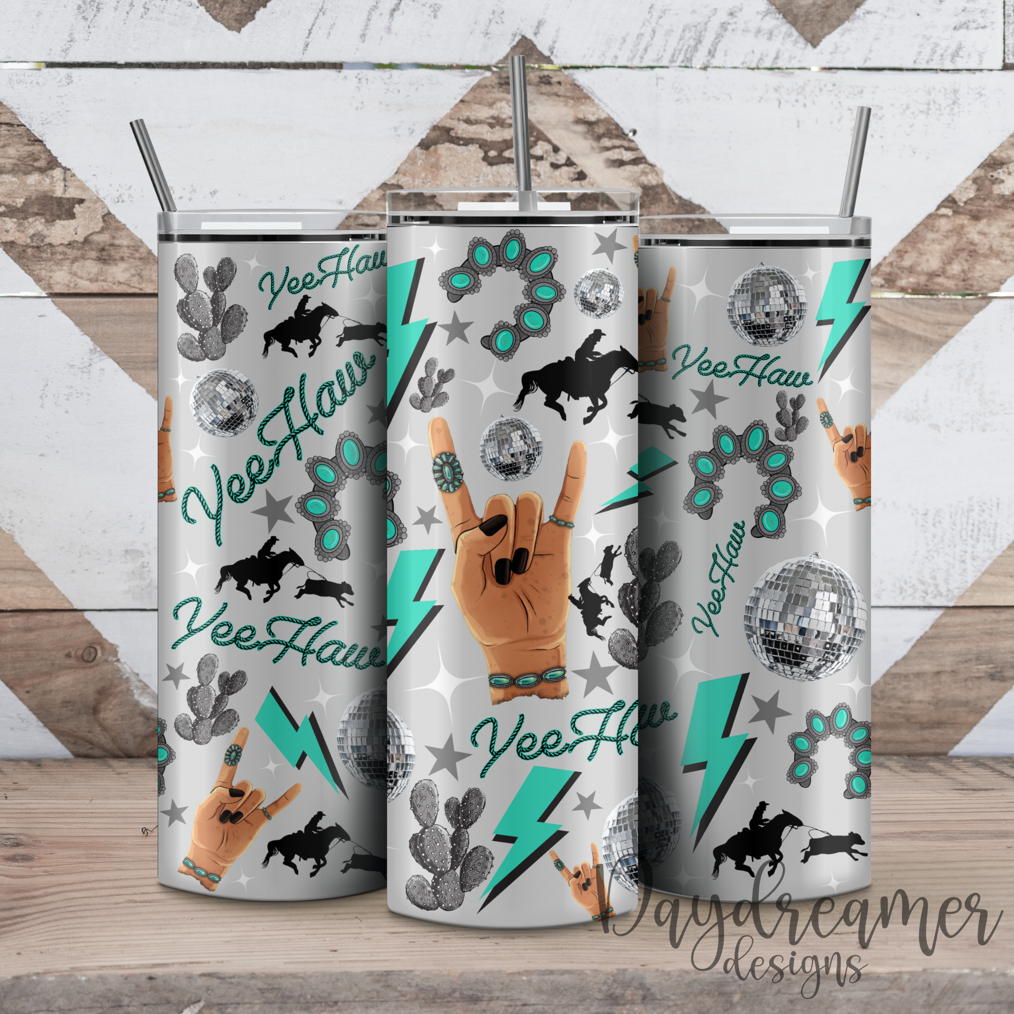 Daydreamer Designs - Vente Gourde/bouteille isotherme - Gobelet Cowgirl turquoise1