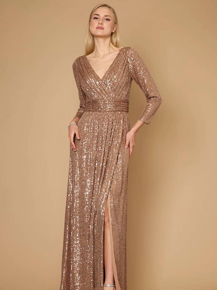 Kos Couture - Wholesale Gown - Women's - Long Sleeve Sequin Formal Hand Beaded Dress 2
