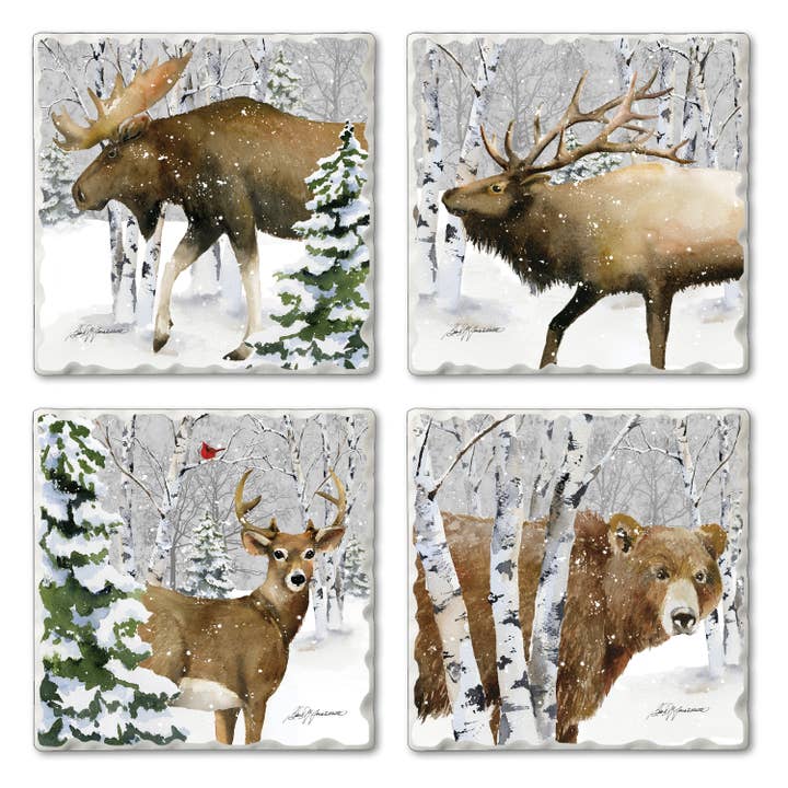 "Woodland Winter" 4pk Assorted Tumbled Tile Coasters for wholesale by Conimar Promotions