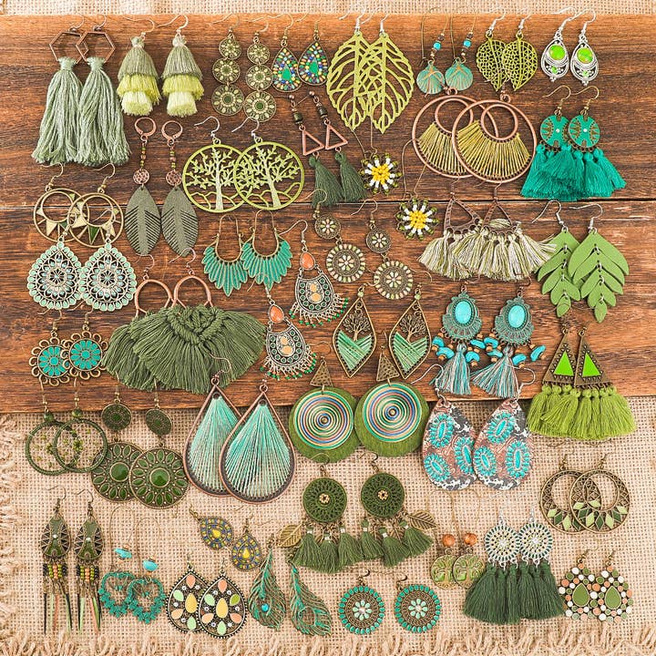 Bohemian Green Forest Earrings Set Artistic Vintage Style Geometric Accessories for wholesale by Halcyon Outfitters®