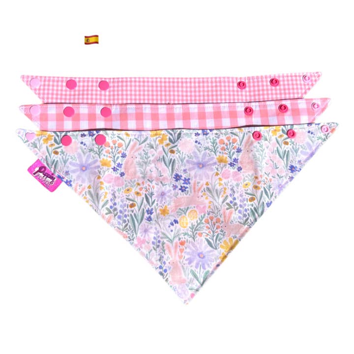 Pañuelo para perro de primavera con conejitos y estampado vichy rosa - Con broche para venta al por mayor de Puppies & Pom Poms