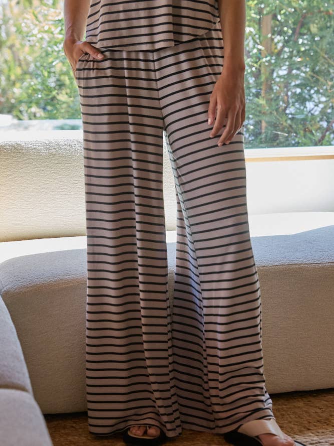 Taupe Black RJ3340 | Knit Polyester Rayon Spandex Striped Wide Leg Pants for wholesale on Faire