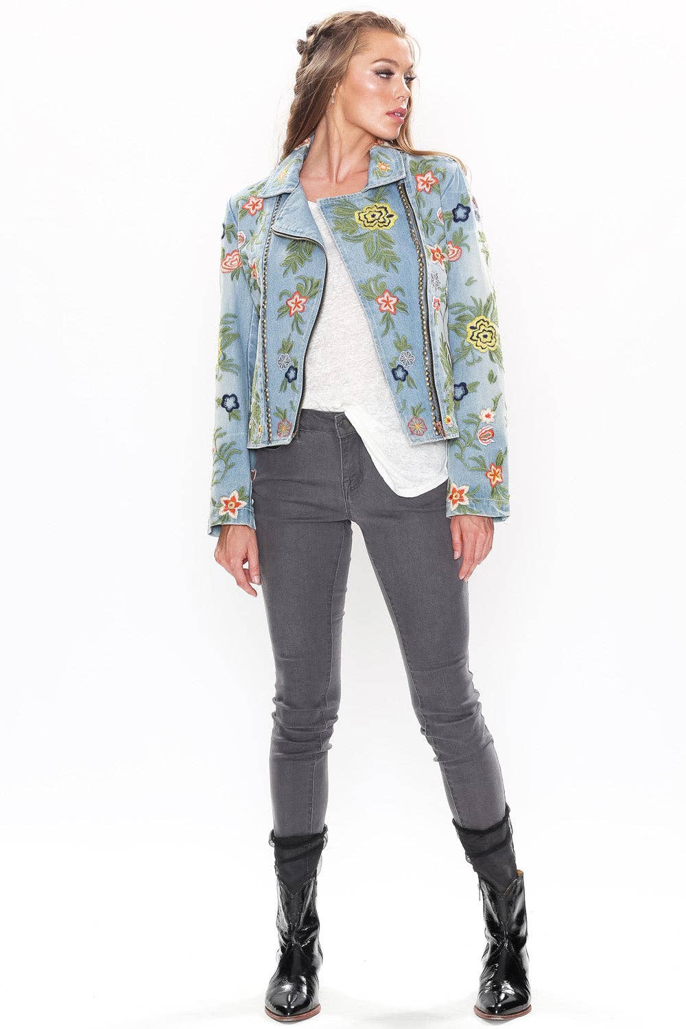 Lucinda Embroidered Denim Motorcycle Jacket for wholesale on Faire32