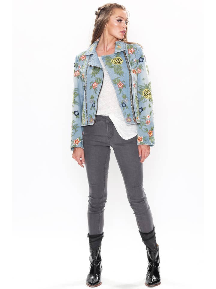Lucinda Embroidered Denim Motorcycle Jacket for wholesale on Faire32