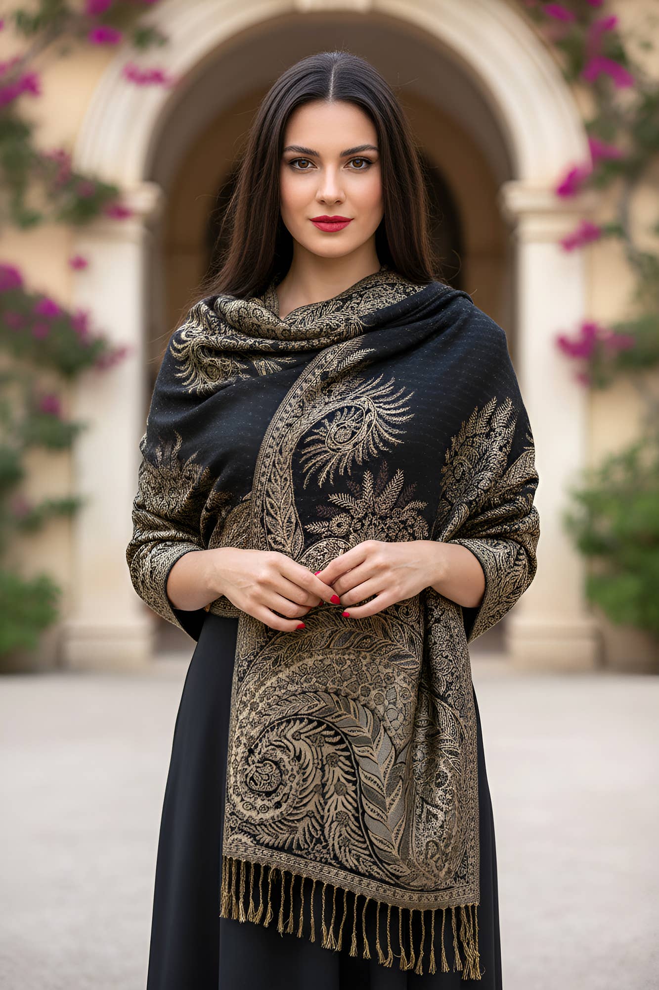 SERENITA – wholesale Halsduk - Dam – Stor paisley pashmina-sjal med tvåsidigt mönster och fransar0