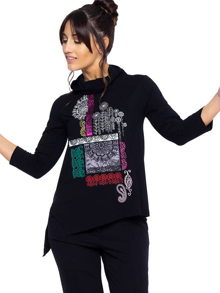 Langes schwarzes Top mit französischen Ärmeln. Top mit plisiertem Saum für den Großhandel von Mamatayoe