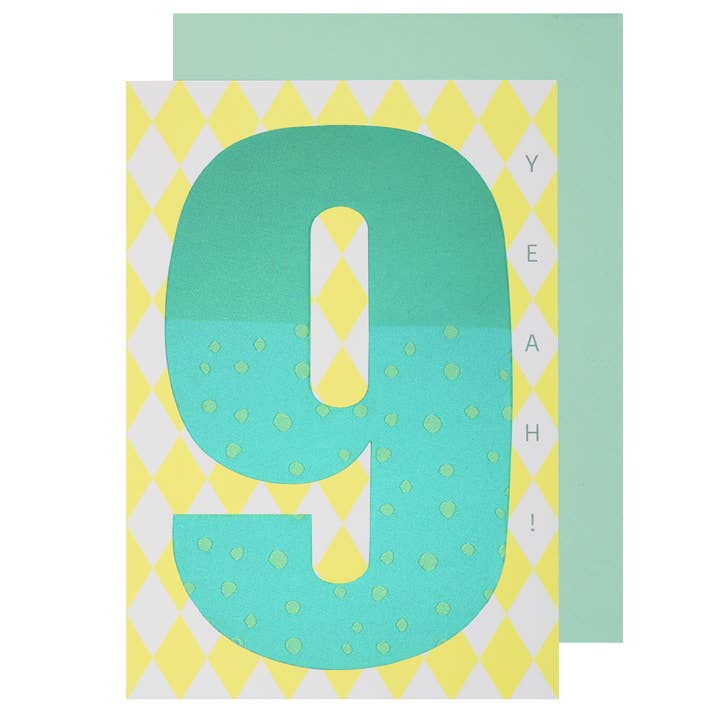Birthday card 9 - neon yellow on recycled cardboard for wholesale by Fabfabstickers