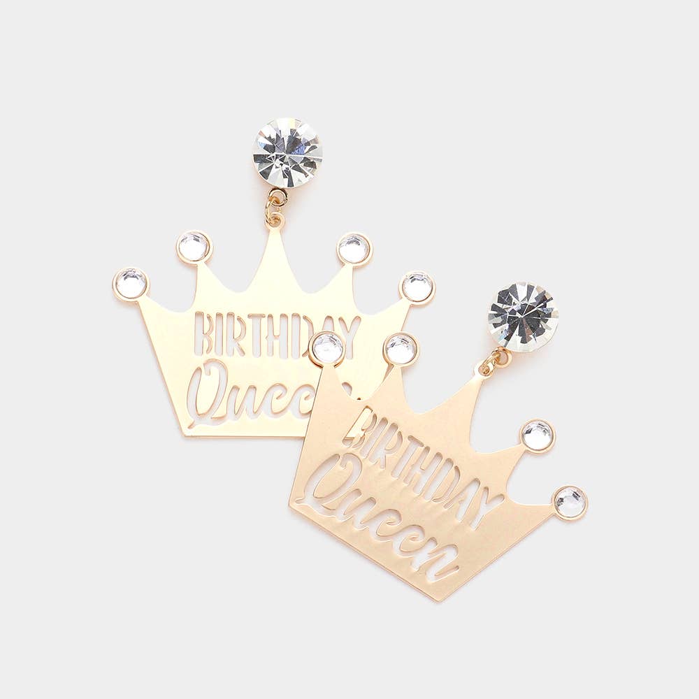 Sensibling Corp. - Wholesale Dangle Earrings - Birthday Queen Message Stone Embellished Metal Crown Dangle Earrings