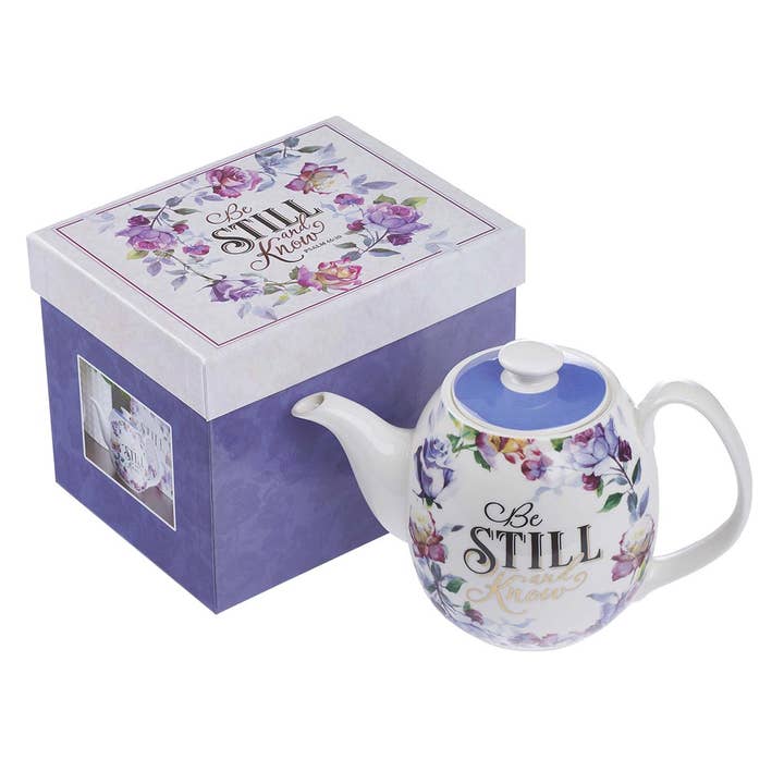 Christian Art Gifts - Wholesale Tea Pot - Teapot Purple Floral Be Still Ps. 46:102