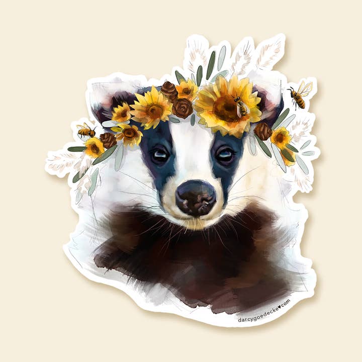 Blaireau tournesol | Autocollant pour la vente par Whimsical Art by Darcy Goedecke
