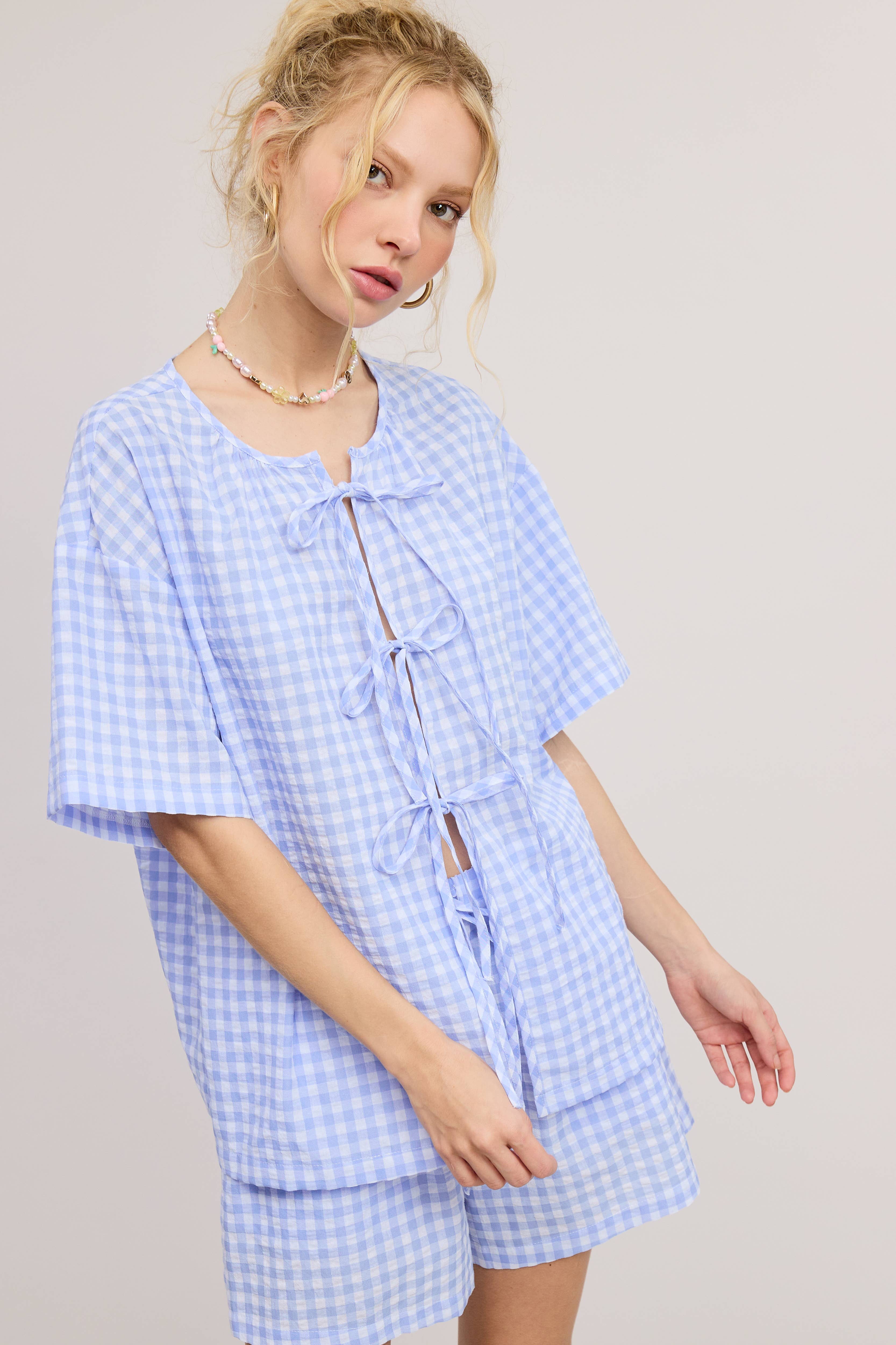 Mimosa - Wholesale Top & Short Set (NOT Loungewear) - Women's - Gingham Open Front Self Tie Top and Shorts Matching Set8