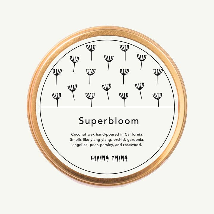 Living Thing - Wholesale Travel Candles - Superbloom Candle Travel Tin: Ylang Ylang, Gardenia + Pear
