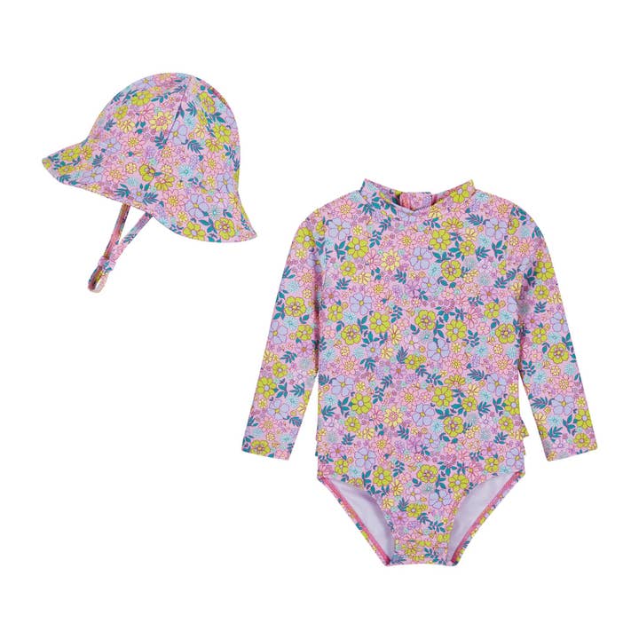 Ensemble de maillot anti-UV pour bébé fille | Motif floral violet pour la vente par Andy & Evan