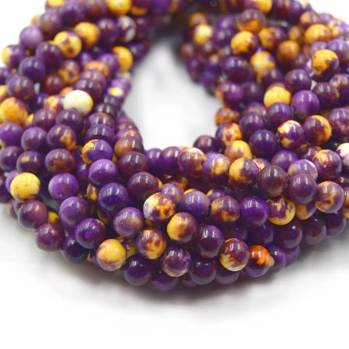 Dyed Mottled Jade Beads | Dyed Purple Yellow and White Round Gemstone Beads - 6mm 8mm 10mm 12mm Available for wholesale by Only Beads