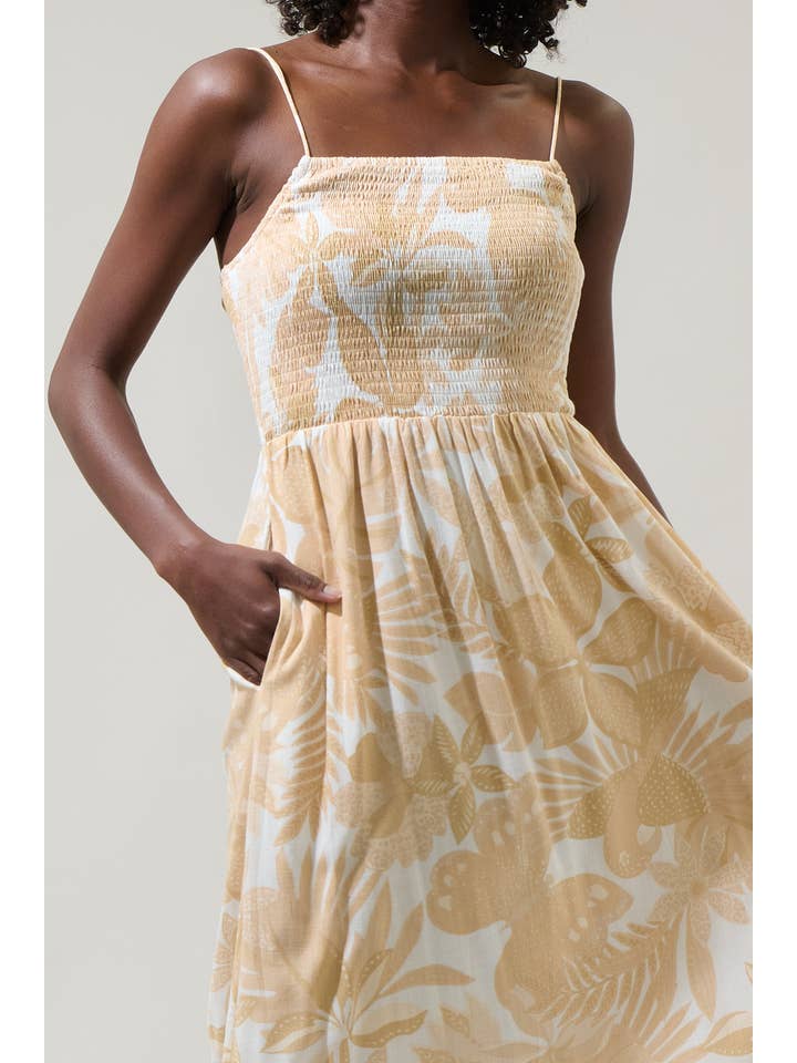 OATMEAL WHITE Geneva Floral Tell Smocked Midi Dress for wholesale on Faire