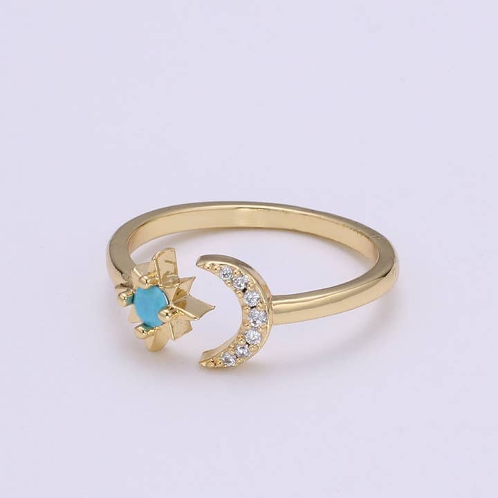 Anillo de oro de 14 quilates con luna abierta y estrella, anillo de luna creciente, anillo envolvente ajustable, anillo con amor a la luna, delicado anillo de luna O-283 para venta al por mayor de Aim Eternal