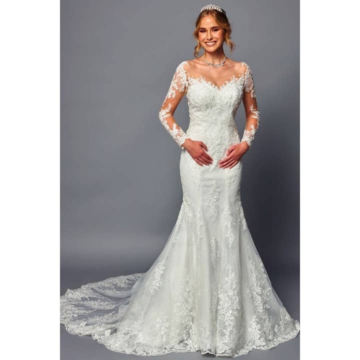 Genomskinlig långärmad sjöjungfrubröllopsklänning för wholesale av Babyfox Apparel