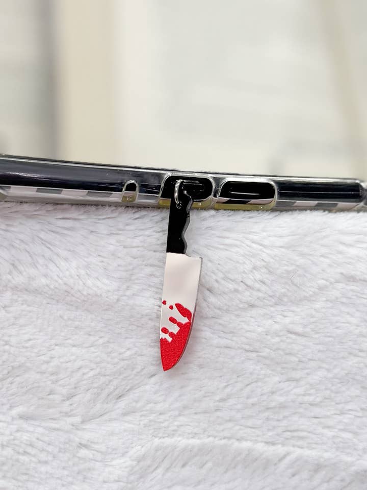 Fake Bloody Knife Kindle Charm, USB-C Dust Plug for wholesale by Little Turkey Shoppe
