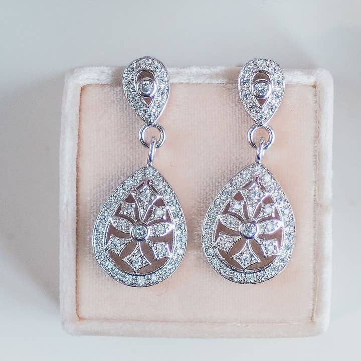 Rania Pave Drop Dangle Earrings in Silver or 18K Rose Gold for wholesale by Sugarcane & Co.