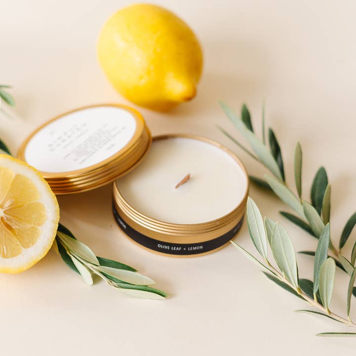 Simply Curated - Vente Bougies de voyage - Feuille d'olivier + Citron - Bougies de voyage en soja1