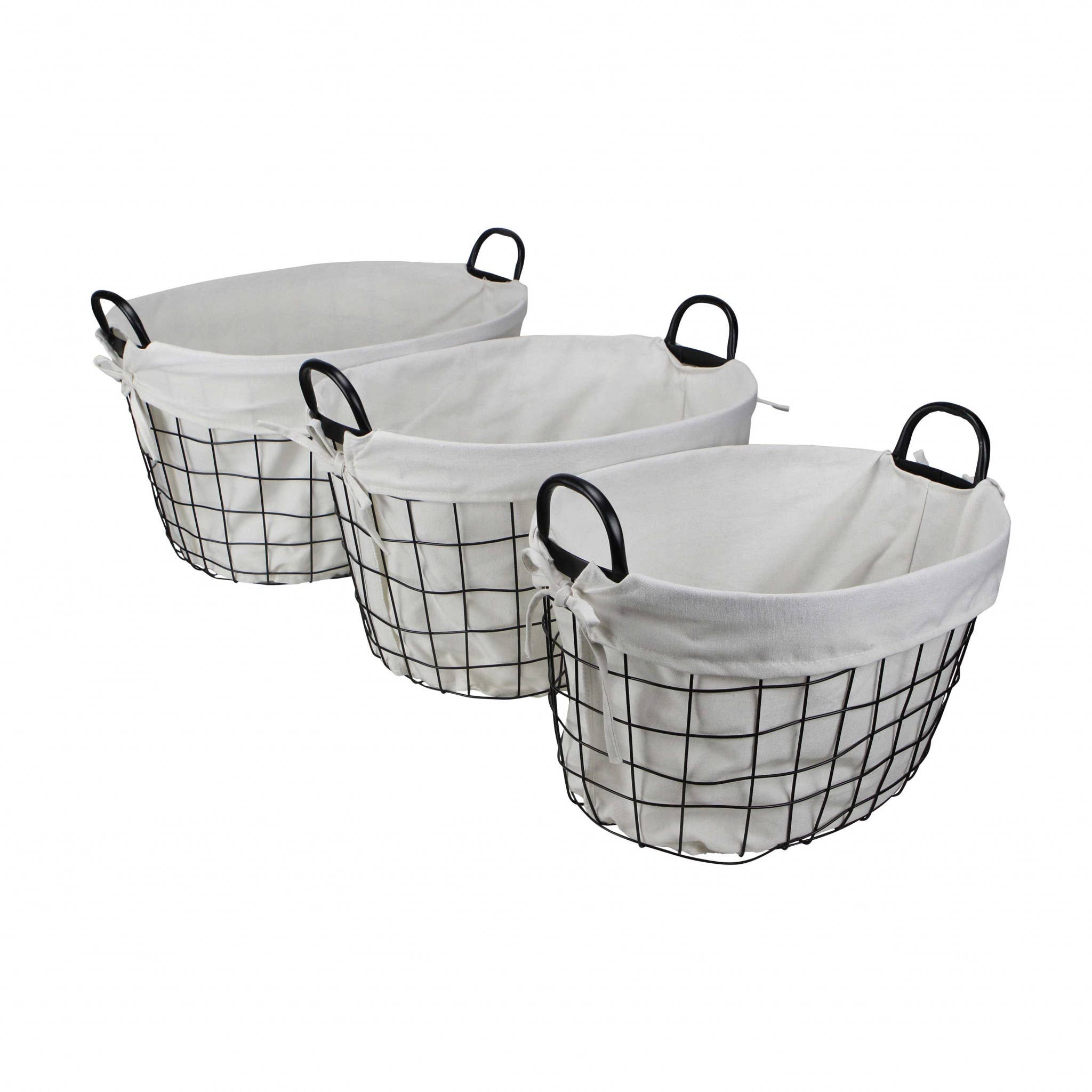HomeRoots – wholesale Basket – Set Of 3 Oval White Lined andMetal Wire Baskets With Handles1