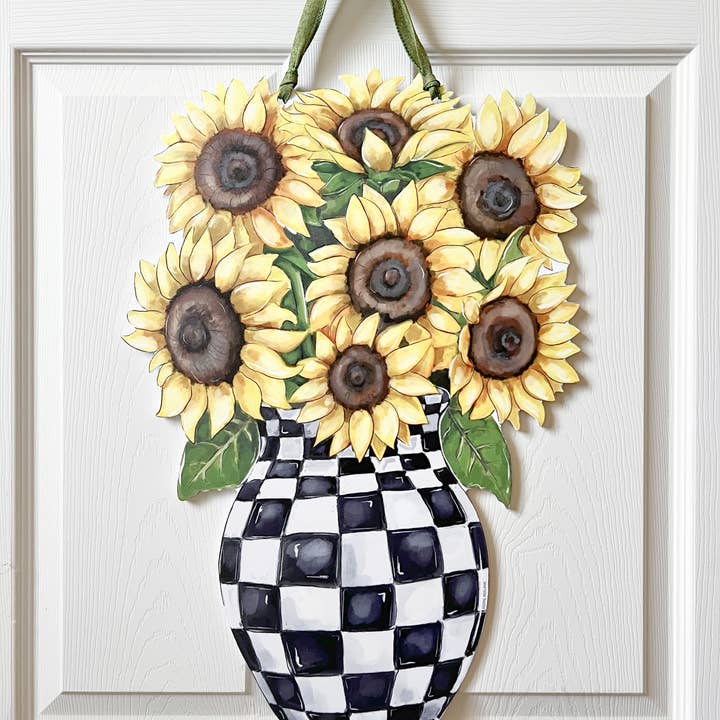 Home Malone - Wholesale Door Hanger - Sunflower Check Vase Door Hanger-Checkered Trend Floral3