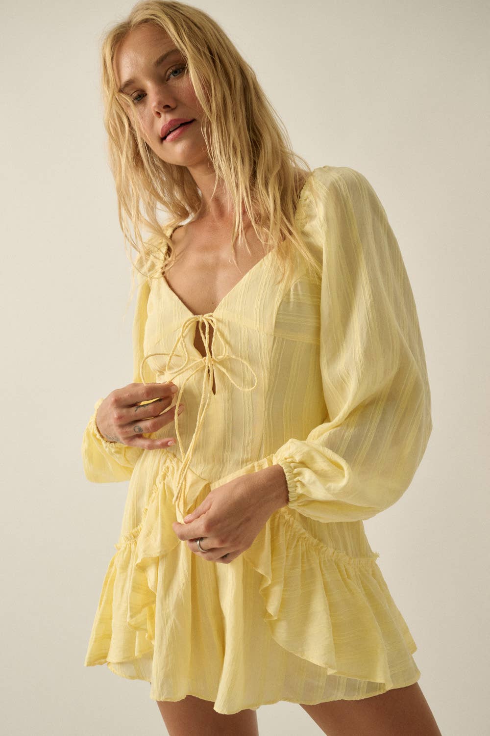 Promesa USA - Wholesale Romper - Women's - Textured Tonal-Stripe Ruffled Tie-Front Romper11