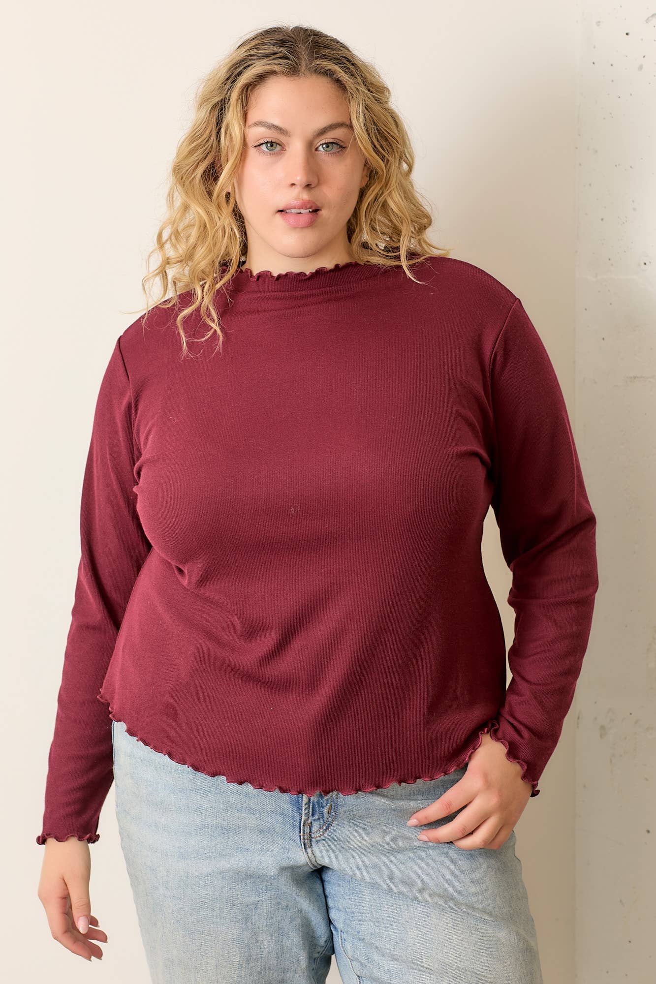 Polagram by Wellmade USA – wholesale Knit top – Women's – (PLUS) RUFFLED HIGH NECK RIB KNIT TOP