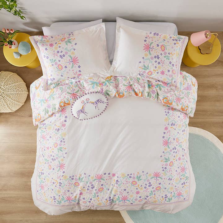 Olliix - Vente Parure de lit - Ensemble de housse de couette réversible en coton pour enfants avec animaux floraux2