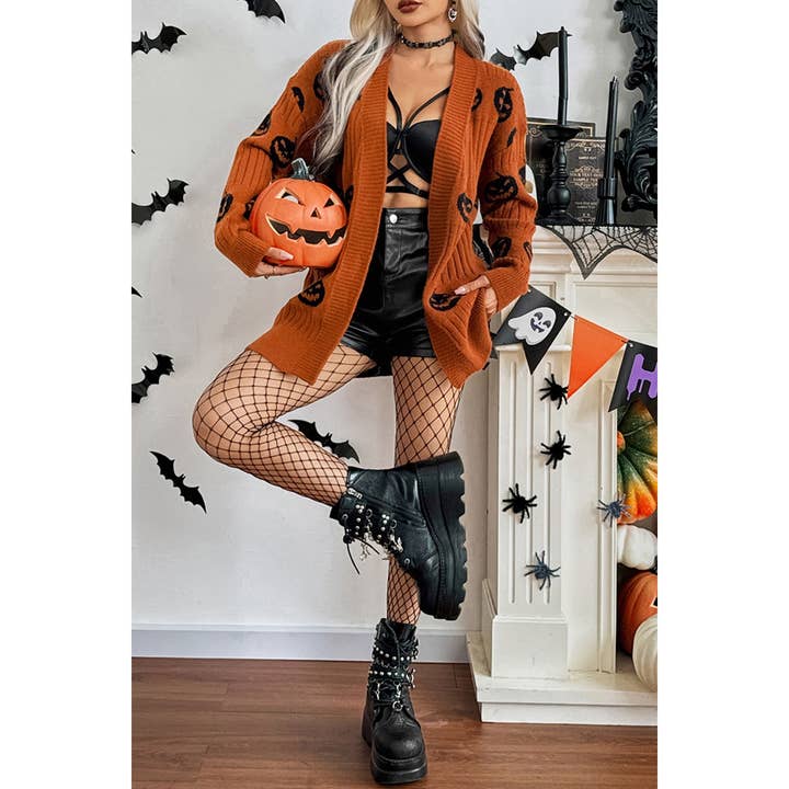 COFFEE Pumpkin Print Open Front Long Sleeve Cardigan for wholesale on Faire