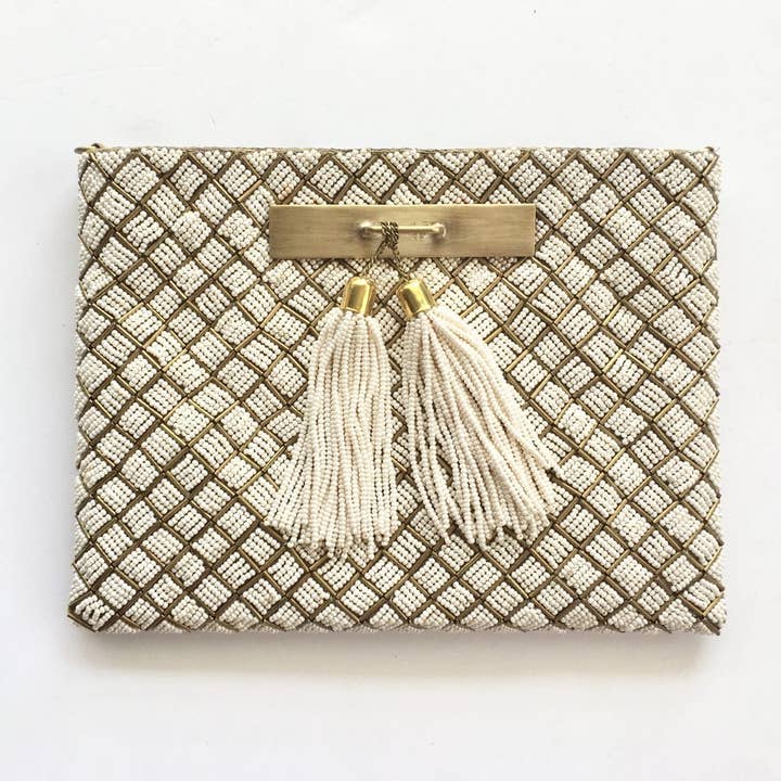 Brass Embellished Pouch Clutch with Seed Pearl Embroidery for wholesale by Samser Designs