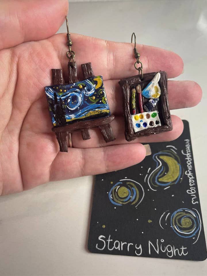 Pendientes de arcilla polimérica - Noche estrellada | Van Gogh Jewellery para venta al por mayor de PrettySpookyDesigns