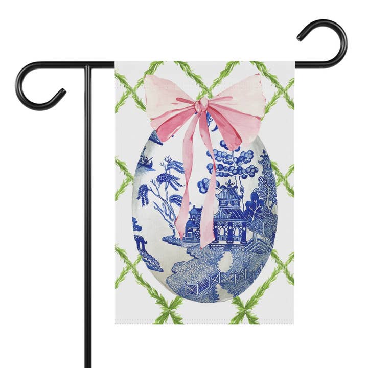 Chinoiserie Easter Egg Garden Flag, Delft Inspired for wholesale by Design Carolinas