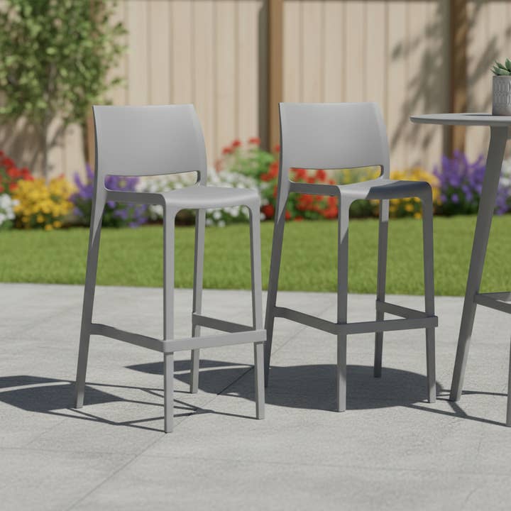 HomeRoots - Wholesale Outdoor chair - Set of Two 30" Gray Heavy Duty Plastic Low Back Outdoor Bar Height Chairs1