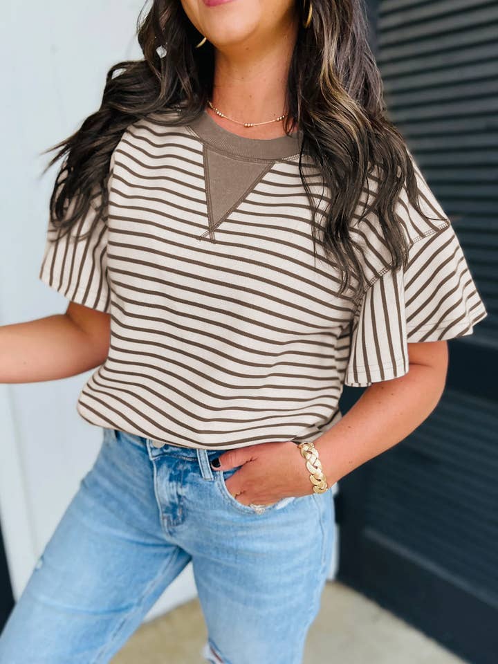 Lovesoft - Wholesale Blouse - Women's - Bright Green Contrast Detail Striped Ruffle Short Sleeve Top