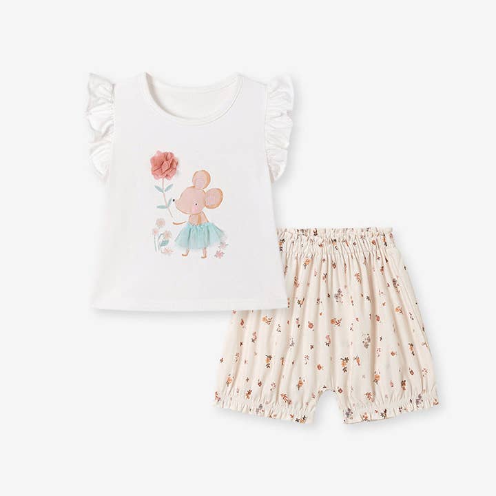 Summer Hot Selling Baby Kids Girls Fly Sleeves Cartoon Pattern T-shirt and Floral Shorts Clothing Set for wholesale by MyKids-USA®