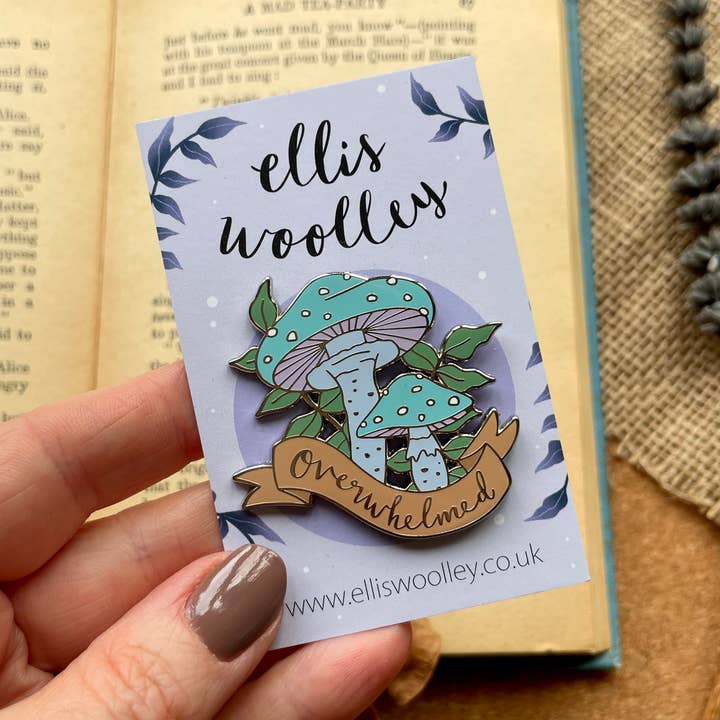 Verdigris Agaric 'Overwhelmed' Enamel Pin for wholesale by Ellis Woolley Illustration