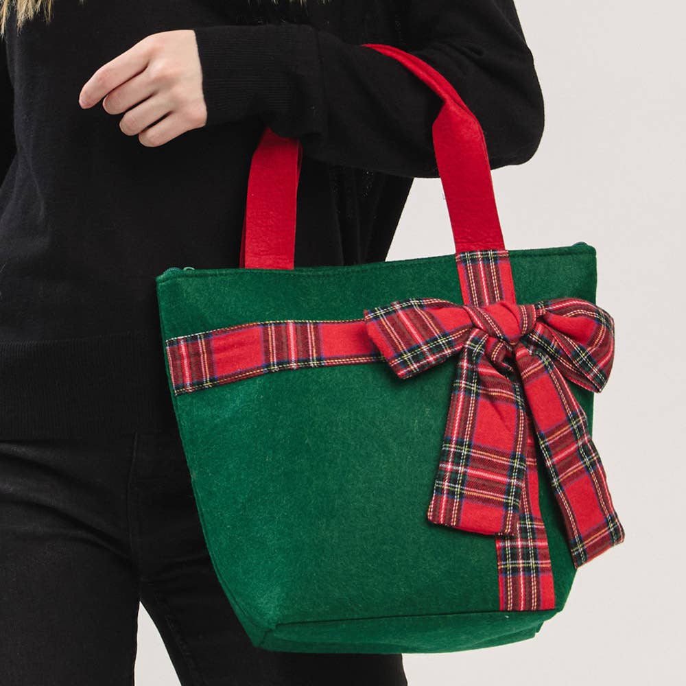 JOIA ACCESSORIES - Wholesale Tote Bag - Women's - CHRISTMAS GREEN TOTE BAG WITH RED PLAID BOW, MB 03218
