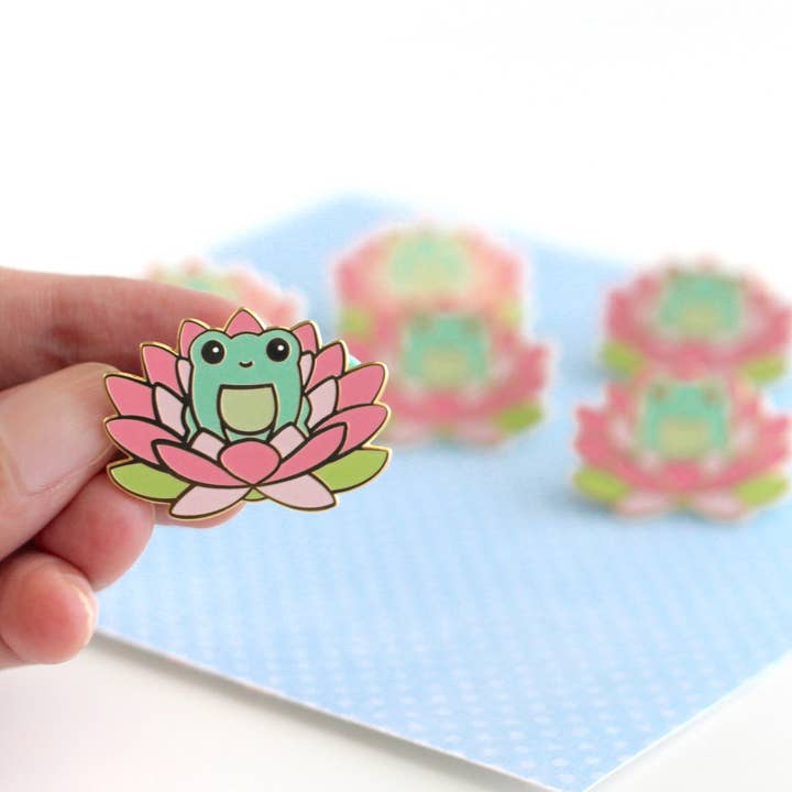 Wild Whimsy Woolies - Wholesale Lapel Pin/Button - Pink Lotus Flower Frog Enamel Pin. Woodland Animal Pin1
