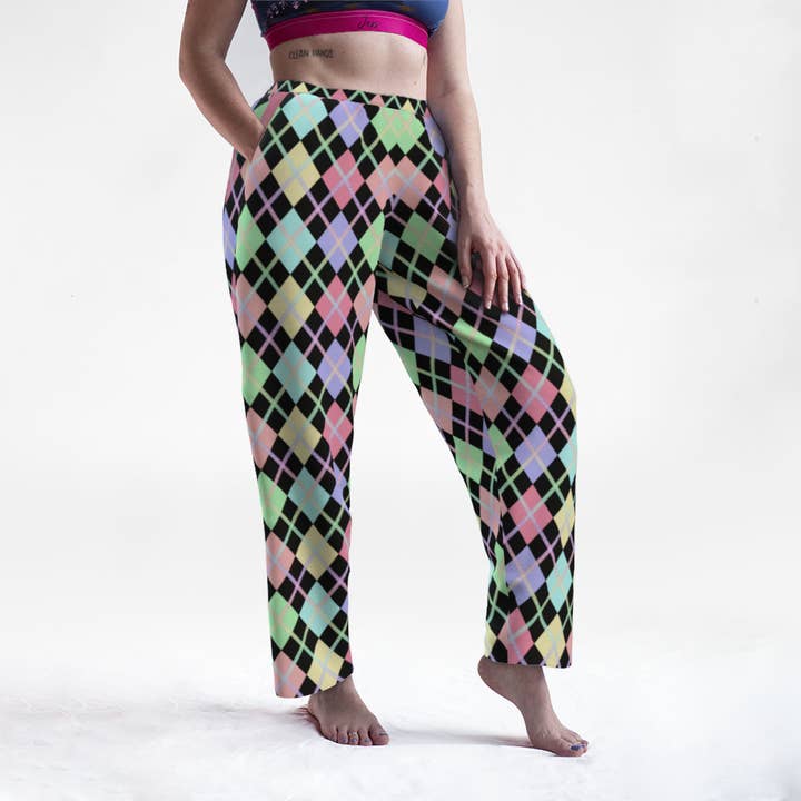 Ninja Ferret Art – wholesale Mjukis- och joggingbyxor – Dam – Pastell Rainbow/Svart Solid Argyle Lounge Byxor