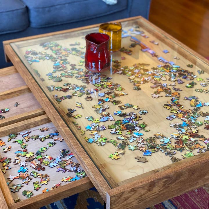 Charles River Woodworks - Wholesale Coffee Table - Rustic Puzzle Coffee Table with removable glass top - includes 2 hidden drawers - 24x36"5