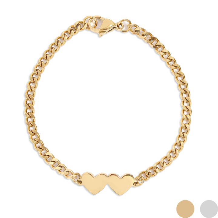 WJW - Wholesale Link & Chain Bracelet - 18K Gold PVD Stainless Steel Engravable 2 Hearts on Curb Chain Bracelet1