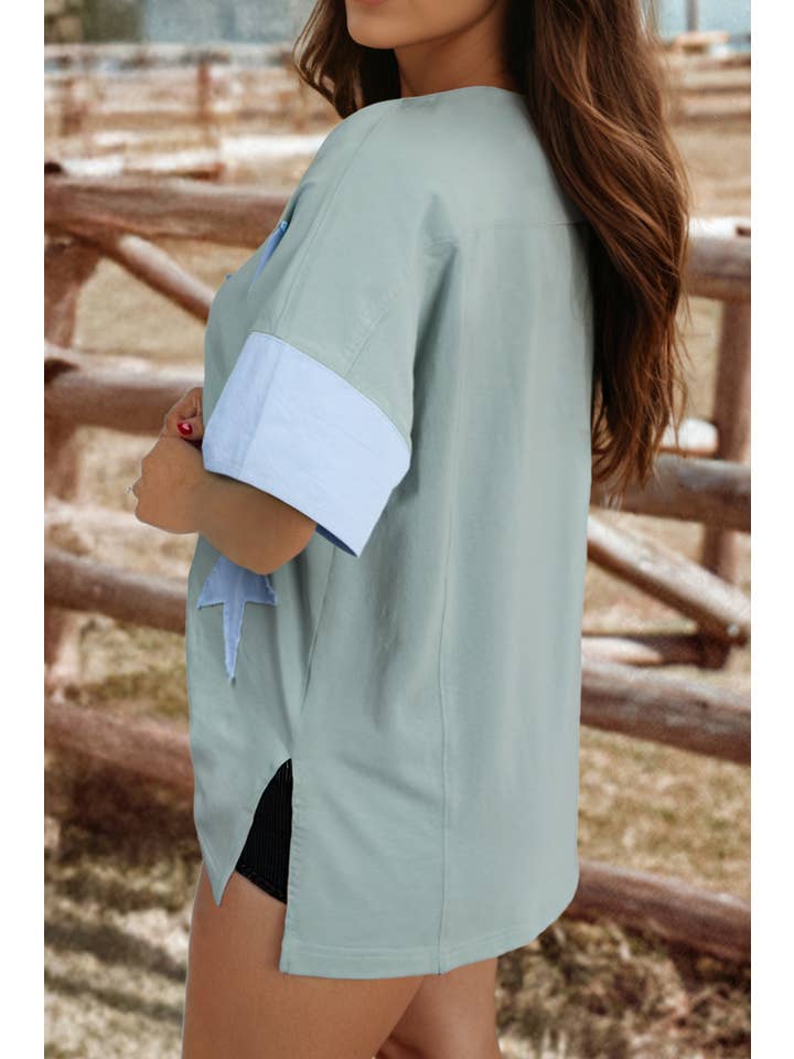 fashionworks - Wholesale T-Shirt - Women's - Fashion-W Frayed Star Denim Patchwork Oversize T Shirt