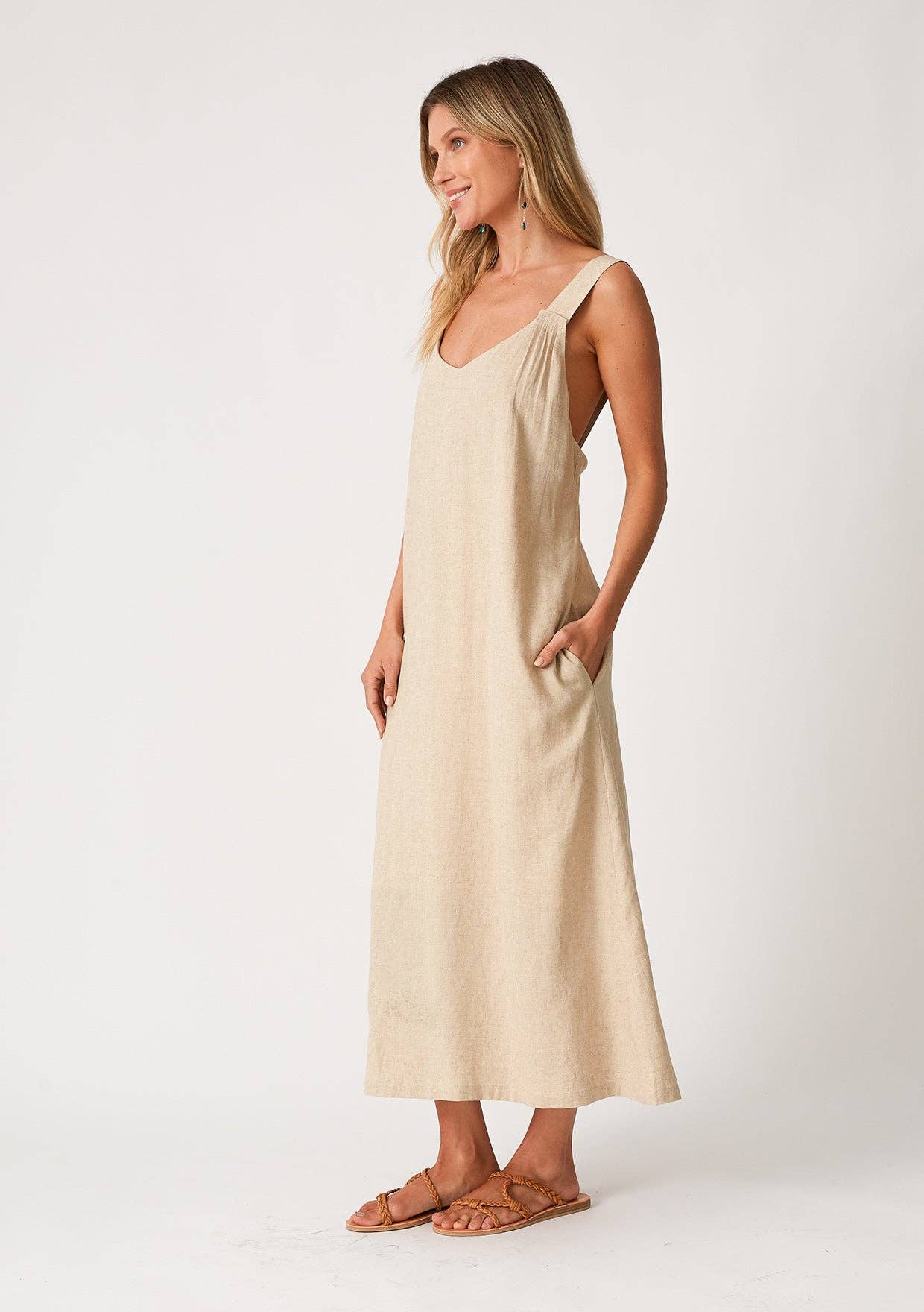 Wheat Linen Blend Sleeveless V Neck Midi Dress for wholesale on Faire4