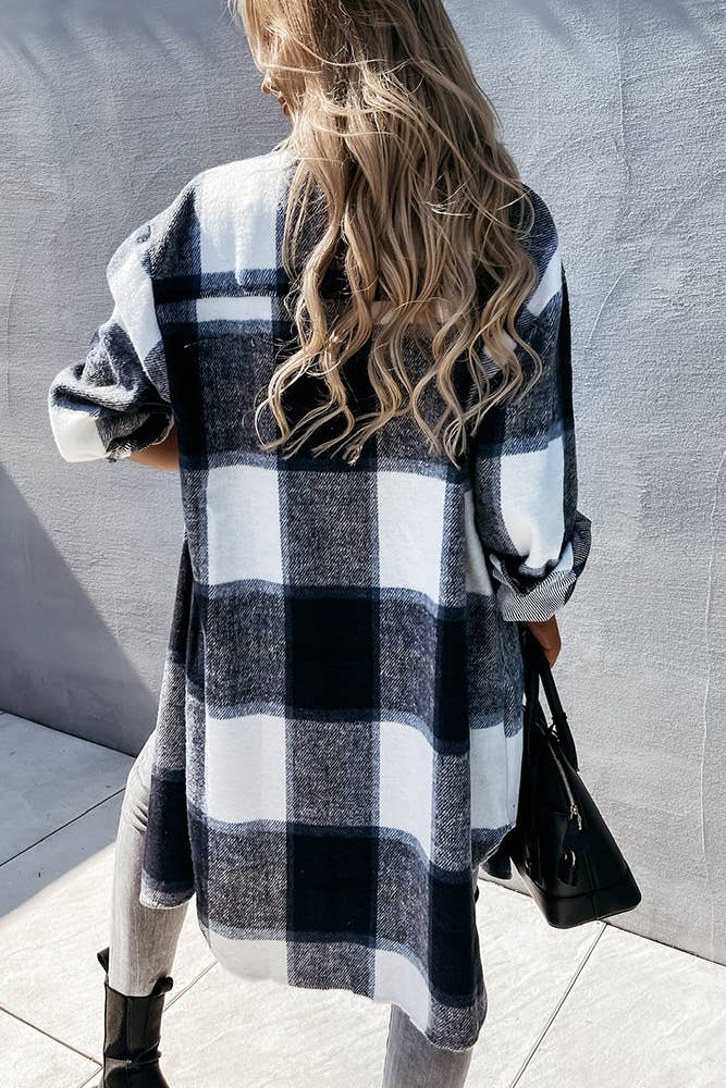 UNISHE - Vente Veste-chemise – femme - Veste longue à carreaux à poches boutonnées ZZKF4385