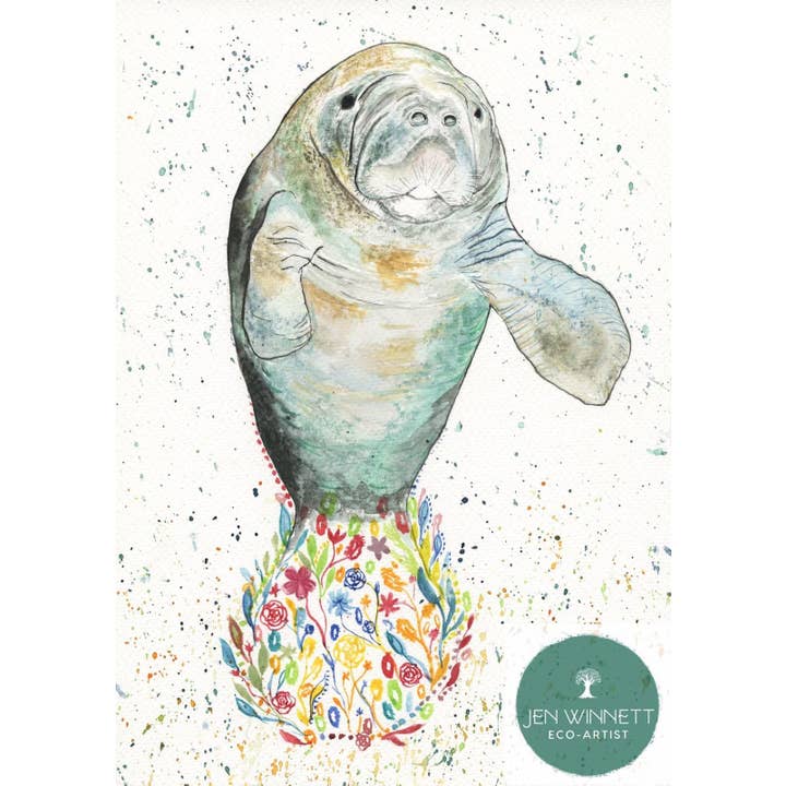 Marshall the Manatee Signed watercolour art print for wholesale by Jen Winnett Eco Artist