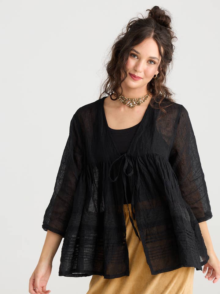 Elodie Short Linen Gauze & Lace Jacket | Liquorice Elodie Short Linen Gauze & Lace Jacket | Liquorice