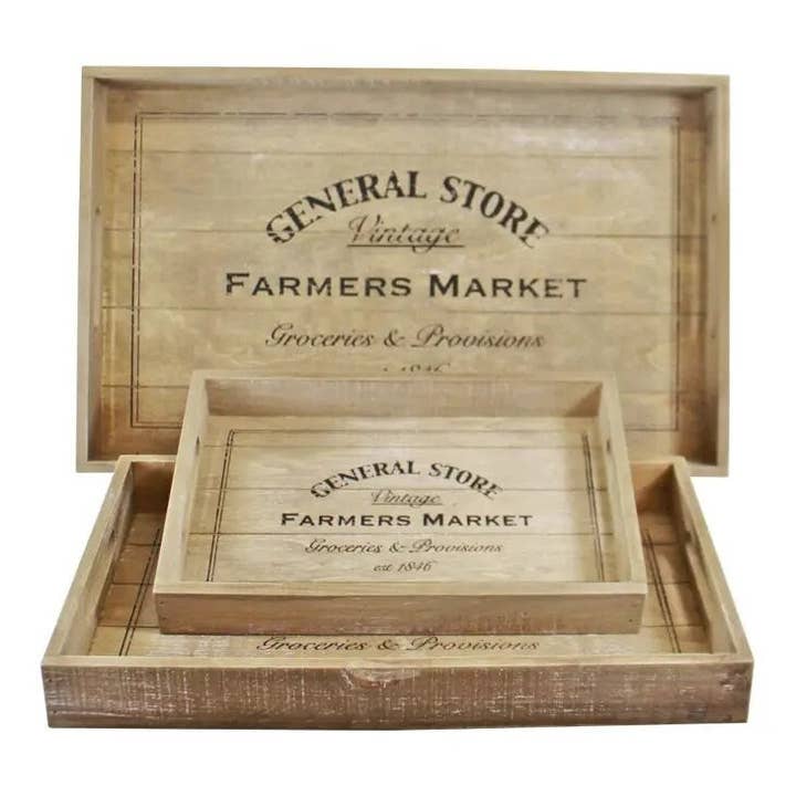 From Under The Stairs - Wholesale Decorative Tray - Set Of 3 General Store Wooden Trays With Handles