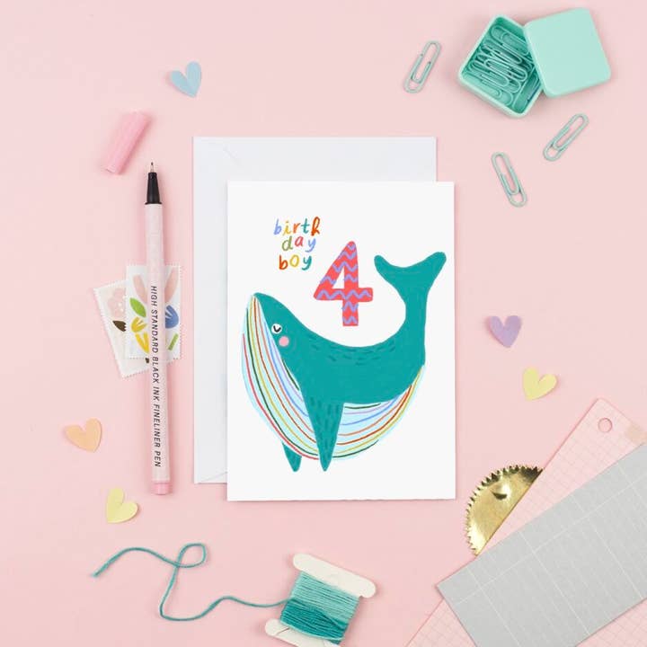 Whale birthday card Age 4 for wholesale by Ali Marriott